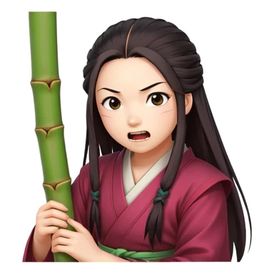 Nezuko with determined expression actively biting on bamboo piece in her mouth, teeth gripping the bamboo sticker