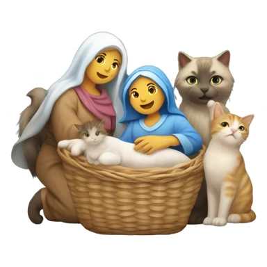 Christmas nativity scene with a star of Bethlehem and 1 mother cat and 5 kittens in a basket with no humans sticker