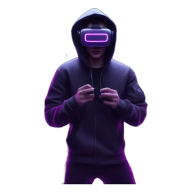 Russian young man wearing a black hoodie with "OMG" letters on it and VR headset in a cyberpunk VR environment with violet neon lighting. sticker