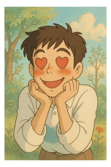 cartoon man with heart eyes, blushing with love, ghibli style sticker