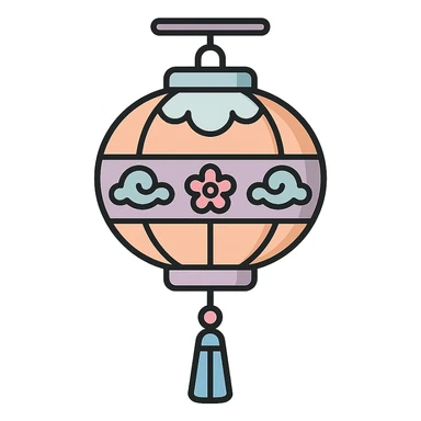 elegant Chinese lantern with tassel and decorative elements, detailed shadow, thin clean outlines, soft rounded shapes, pastel palette #98B5BC, #B5B3C1, #C9A3C9, #E4C0CA, #F7DCD1, #F7C0AA, modern Japanese pop-art and sticker aesthetic, high detail, vector clarity, soft lighting, transparent background sticker