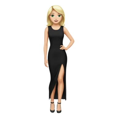 Blonde woman, Green eyes,Long black tight sleveless Dress, Slot left leg sticker