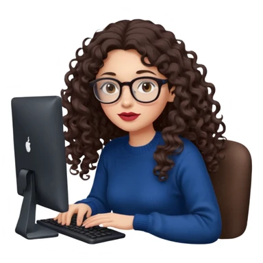 a european white young woman with very long wavy dark brown/chocolate hair with curls at the end of her long hair typing in a computer. she's using round glasses, her lips are light red and her cheeks slightly pink. Her eyes are dark brown. She's using a dark blue knit sweater  sticker