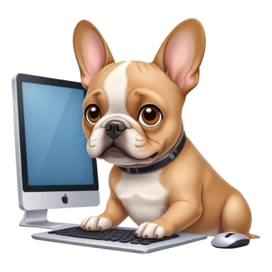 Fawn frenchie working behind computer sticker