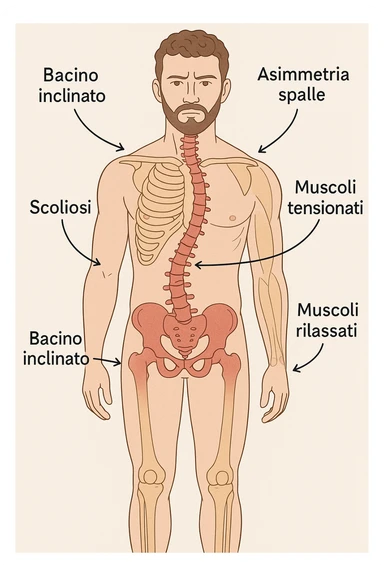 Uomo con problemi di asimmetrie e bacino inclinato, visione anatomica in italiano sticker