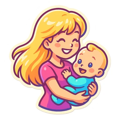 cute girl with long blonde hair holding a baby in her arms, smiling, side view, retro stickers style, thin clean outlines, soft rounded shapes, pastel palette, retro sticker aesthetic, detailed shadows and highlights, soft lighting sticker
