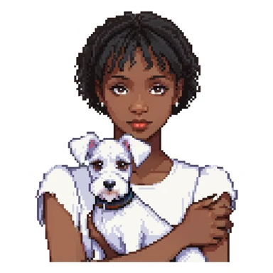 Black girl with short bangs holding a white schnauzer dog sticker