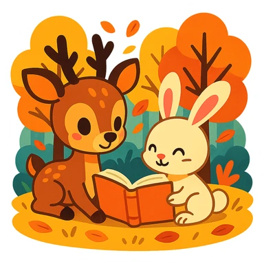 cute deer and bunny reading together in a soft autumn forest scene, vibrant-toon style sticker