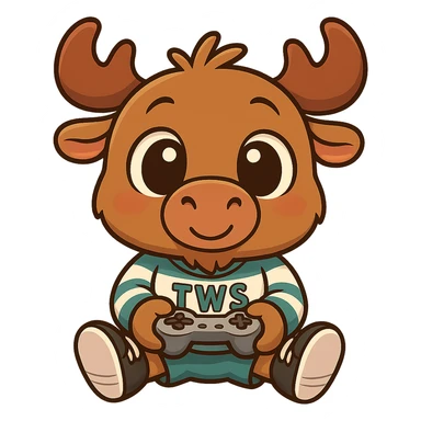 Transform the moose into a chibi style with a large head, small body, and big expressive eyes. The moose is holding a game controller, wearing shoes and a 'TWS' hockey jersey. The overall look is cute and playful. Remove the background. sticker