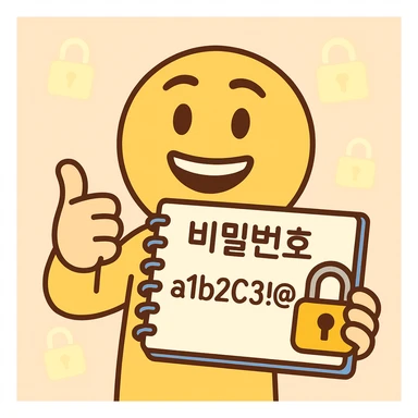 friendly cartoon emoticon character holding a notebook with Korean text '비밀번호', strong password 'a1b2C3!@#', secure lock icon, character giving confident thumbs-up, multiple smaller glowing lock icons in the pastel background, flat design, simple, bright colors, isolated on light pastel background, 360x360px, PNG format sticker