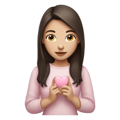 Brunette girl, white skin, holding a small pale pink heart  sticker