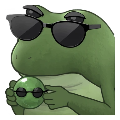 bufo with sharp, angular triangular black frame with dark grey smoked lenses, with a mini full dark powerful orb in his hand sticker