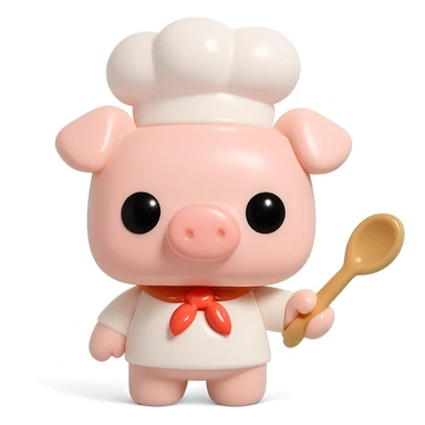 A Funko Pop-style pig chef pointing to the right, wearing a white chef's hat and holding a wooden spoon, cartoonish and cute. sticker