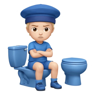 3D cartoon child character in blue outfit and blue hat, sitting on a toilet, looking angry with crossed arms, pastel background, preschool animation style." sticker