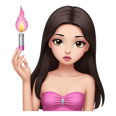 girl with lighter skin, dark brown long straight hair falling in front of her body, pouty shiny lips without cupid's bow, shiny large eyes with long eyelashes, lighter button nose, very long oval-shaped face, wearing a pink bandeau top with straight neckline, looking directly at camera with hands down at sides sticker