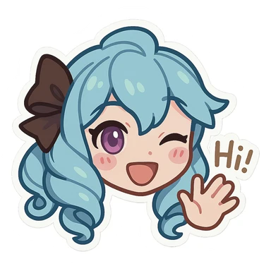 Gwen from League of Legends, chibi emote style, only head visible, right eye purple, happy hi expression, waving hand, eyes open, cute and expressive sticker
