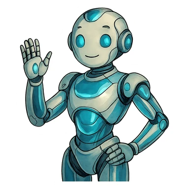 futuristic AI-Ambassador character, sleek humanoid robot with glowing blue accents, friendly expression, chrome and glass elements in ghibli style sticker