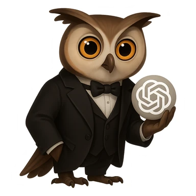 Сова в костюме держит в руках логотип GPT, будто это череп из Гамлета в духе "Быть или не быть, вот в чем вопрос", прозрачный фон sticker