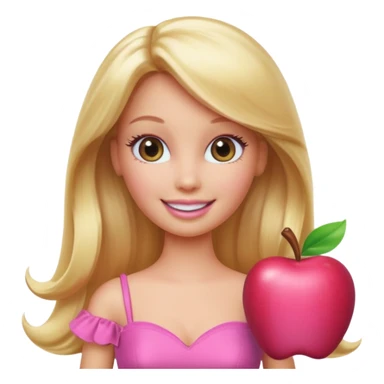 A Barbie-inspired Apple emoji character, big shiny emoji eyes, long blonde hair, wearing a pink dress, smiling, 3D Apple emoji style, clean white background, soft shading. sticker