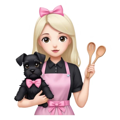 pale girl with long back hair wearing black long shirt wearing apron holding black  schnauzer pink bow sticker