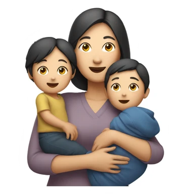 asian mum holding two kids, full body standing  sticker