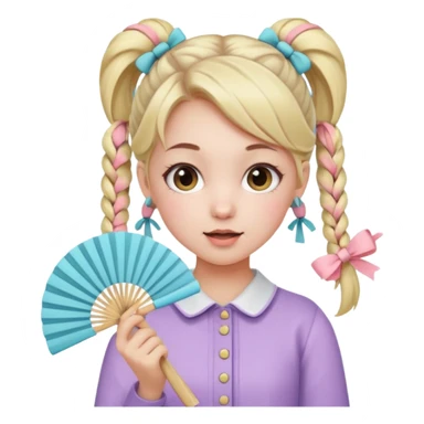 A pigtail girl in modern outfit using a pastel fan with playful expression. sticker