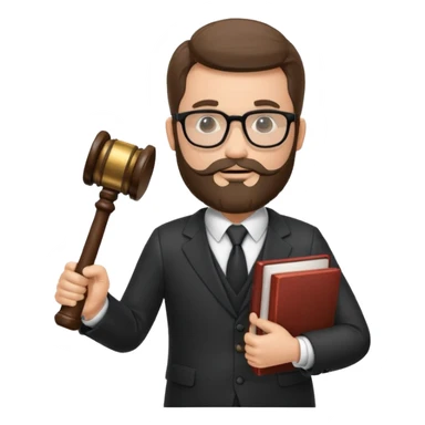 Create a male lawyer. he is wearing a fromal suit jckeret. He is holding a gavel in one hand and a book tucked under his another arm. He has beard and glasses sticker