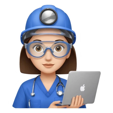 i need a brunette young woman in blue scrubs with brown eyes fair skin with safety goggles on and a laptop for research sticker