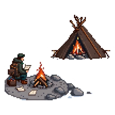 penguin on a rocky polar shore, throwing secret documents, manuscripts, photos, archives into a campfire, looking around cautiously; distant horizon shows two people with wolf sled, rifles, skis sticker