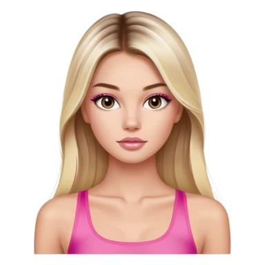 Victoria’s Secret model with long light blonde straight balayage hair, dark brown almond and small eyes, oval face, small lips, skinny long waist, firm legs, pink crop top sticker