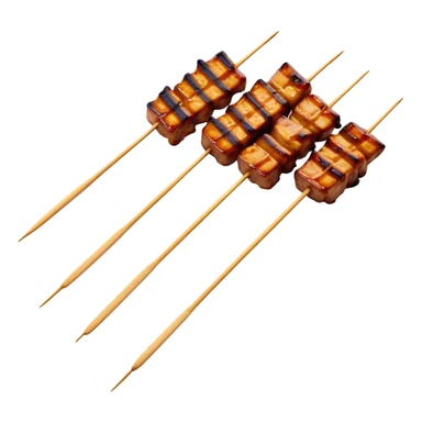 Cinematic Realistic Satay Dish Emoji, depicted as skewered, marinated meat grilled to perfection rendered with rich, smoky textures and dynamic, appetizing lighting. sticker