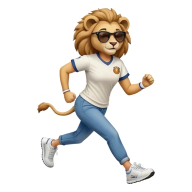 confident anthropomorphised female lion wearing a baseball shirt, jeans, trainers, dark sunglasses, jogging with a smile sticker