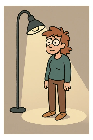stilisierte Illustration einer stehenden Person, die von einer Lampe angestrahlt wird, sichtbarer Lichtkegel, neutraler Hintergrund sticker