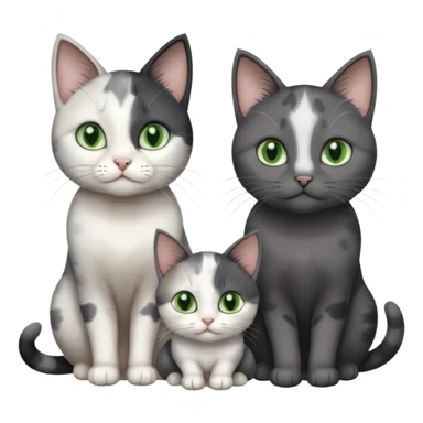 3 different coloured small cats including a dark grey and white, and a patchy calico and a completely solid dark grey with green eyes and only white paws sticker