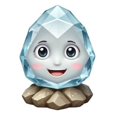 A single cute crystal rock character inspired by a clear quartz cluster, chunky round base with many tall transparent crystal spikes growing upward all around it, faceted and slightly imperfect, on the front of the base a big kawaii face with large glossy eyes and a wide happy smile sticker