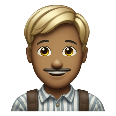 smiling boy in striped shirt with moustache sticker