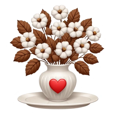 a bouquet of cotton flowers with brown dried petals, in a white ribbed vase on a white tray. next to it is a figurine in the form of a white heart sticker