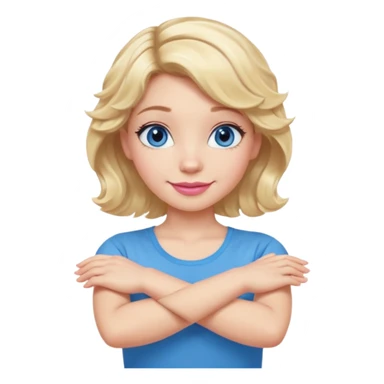 Girl Blonde short wavy hair,  blue eyes, cute blue top, long lashes, pink lips, smiling, making cross arms X with arms  sticker