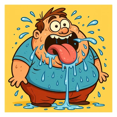 cartoon style fat man drooling everywhere, tongue out, eyes open sticker