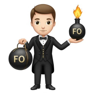 A butler holding an old-fashion bomb with the letters “FO” on the side sticker
