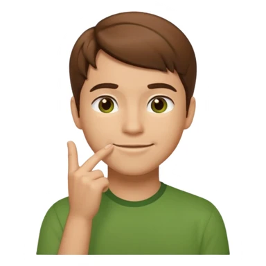 thinking emoji character of MatPat, hand on chin, brown hair, green shirt sticker
