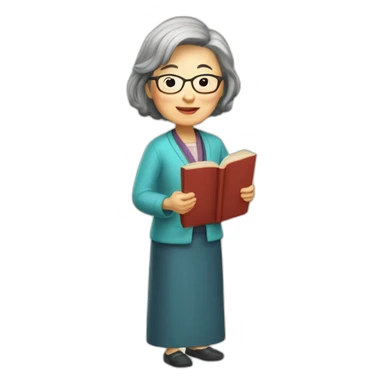 Standing older Chinese lady teacher held book sticker
