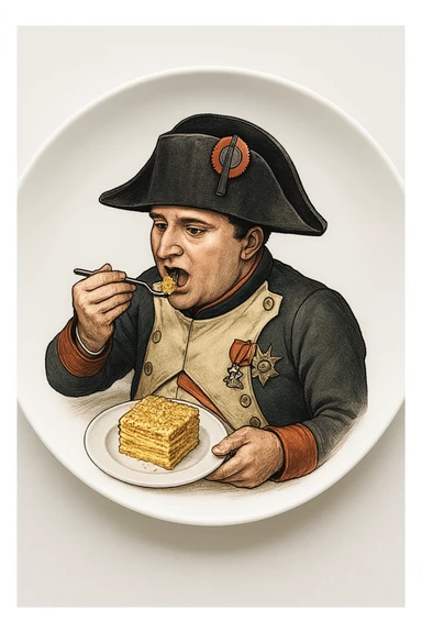 Сгенерируй мне такую тарелку, на которой наполеон бонапарт, и кладет себе в рот кусочек торта наполеон. Вид сверху. Тарелку видно полностью sticker