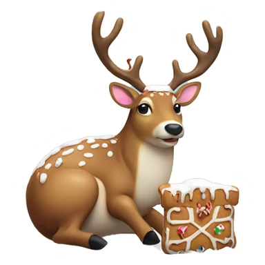 Fat deer with santa hat eating a living gingerbread man in the snow sticker