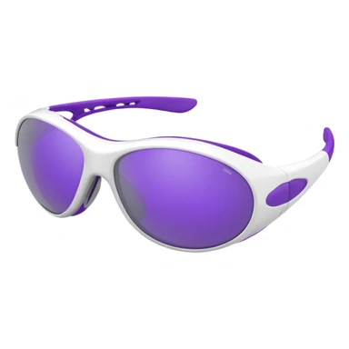 3D render of futuristic sports sunglasses, oval purple tinted lenses, white glossy frame, large gray ventilated nose guard, detailed reflections, realistic materials, high detail, isolated on transparent background, 4K resolution sticker