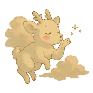 vanilla-colored cloud doe with rosy cheeks, floating, blowing a kiss with sparkles, soft and dreamy ghibli style sticker