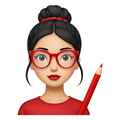 Morena girl with black hair in a pencil that creates a high bun hairstyle. She has red glasses sticker