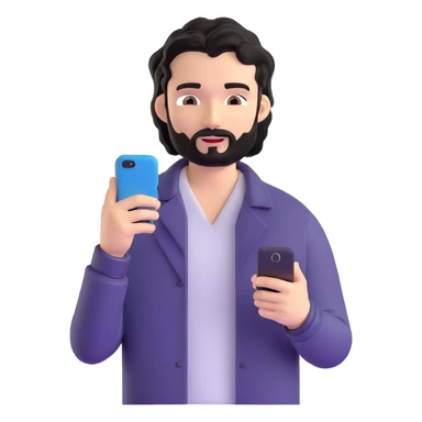 Business professional with black wavy hair, stubble, chiseled face, in casual attire with open collar shirt, relaxed pose with smartphone, warm approachable expression, modern and relatable for social media profile sticker