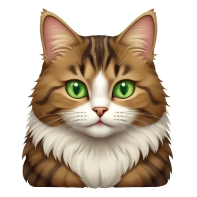 Brown, white, and black tabby cat with green eyes sitting to show its white belly, cute facial expression sticker
