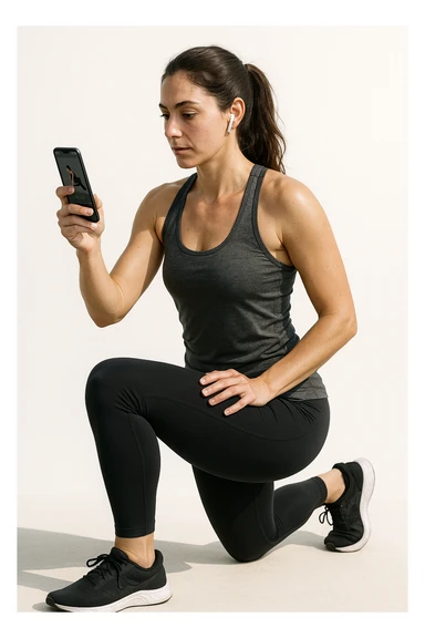 donna su sfondo isolato che fa workout tramite app fitness. in italiano sticker